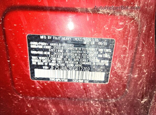 JF2SJAAC9GG412702 2016 SUBARU FORESTER Red VIN კოდის სტიკერის ხედი
