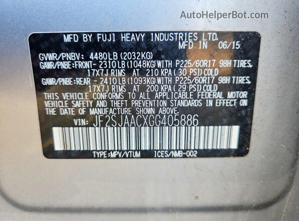 JF2SJAACXGG405886 2016 SUBARU FORESTER Silver Widok wnętrza 360 stopni