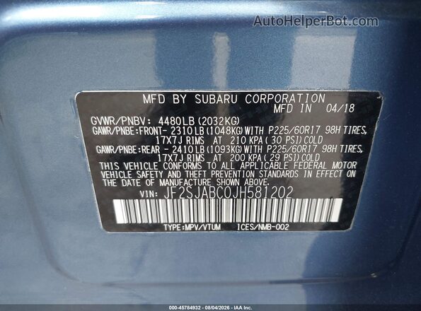 JF2SJABC0JH581202 2018 SUBARU FORESTER Blue ძრავის განყოფილების ხედი