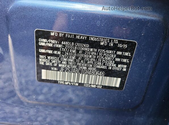 JF2SJABC1GH480646 2016 SUBARU FORESTER Blue VIN կոդի պիտակի տեսք