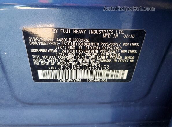 JF2SJABC1GH537153 2016 SUBARU FORESTER Blue Սալոնի 360 աստիճան տեսք