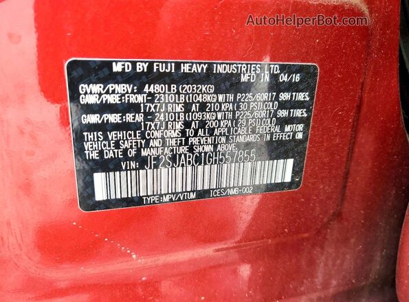 JF2SJABC1GH557855 2016 SUBARU FORESTER Red Vista de la etiqueta del VIN