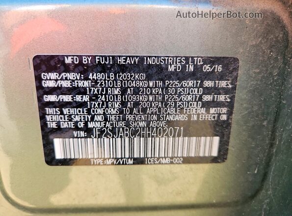 JF2SJABC2HH402071 2017 SUBARU FORESTER Green Вид наклейки з VIN-кодом
