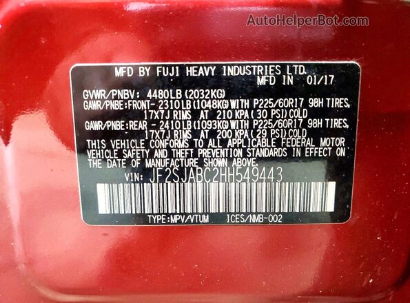 JF2SJABC2HH549443 2017 SUBARU FORESTER Burgundy VIN კოდის სტიკერის ხედი