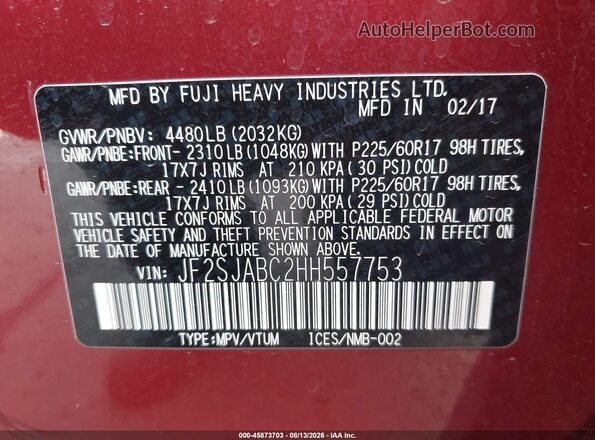 JF2SJABC2HH557753 2017 SUBARU FORESTER Red Շարժիչի բաժամունքի տեսք