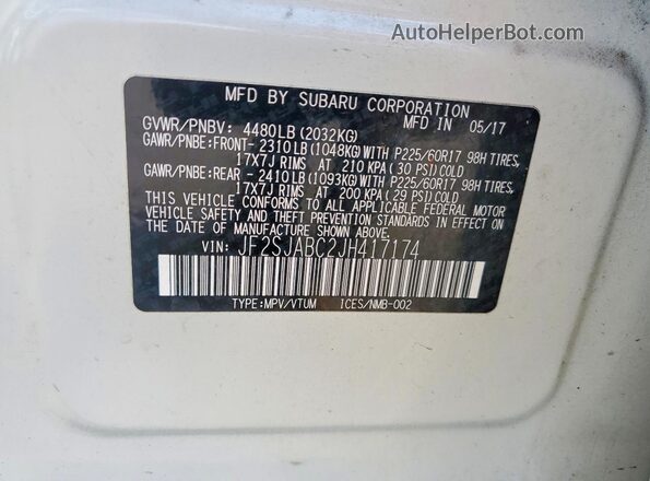 JF2SJABC2JH417174 2018 SUBARU FORESTER White Vista de la etiqueta del VIN