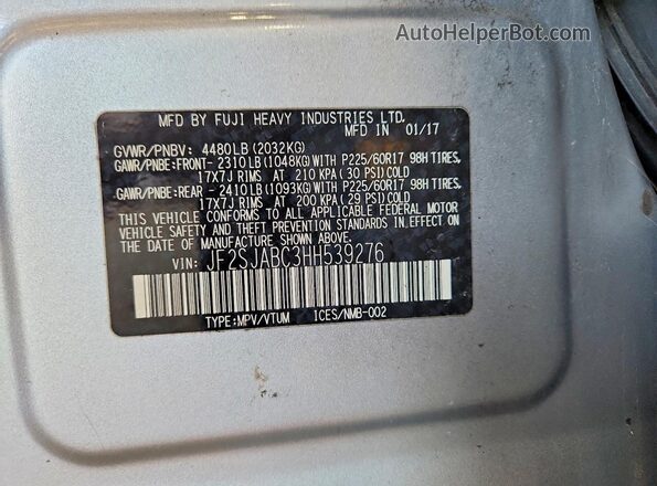 JF2SJABC3HH539276 2017 SUBARU FORESTER Silver Вид наклейки з VIN-кодом