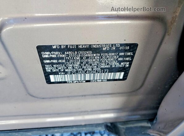 JF2SJABC4GH429173 2016 SUBARU FORESTER Tan Vista de la etiqueta del VIN