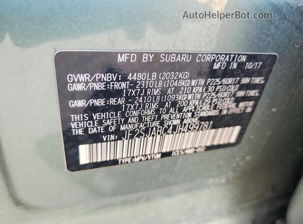JF2SJABC4JH499781 2018 SUBARU FORESTER Зеленый Вид наклейки с VIN-кодом