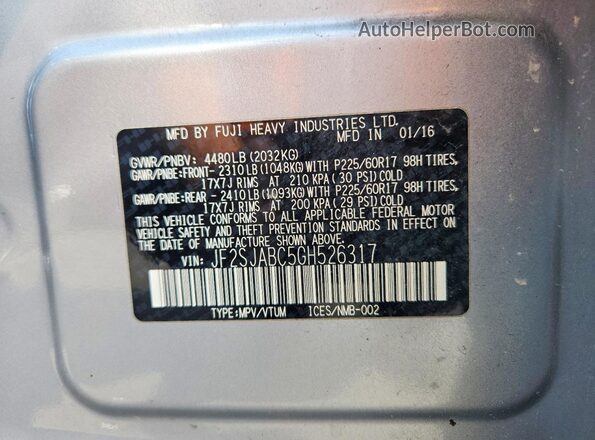 JF2SJABC5GH526317 2016 SUBARU FORESTER Silver Widok naklejki z numerem VIN