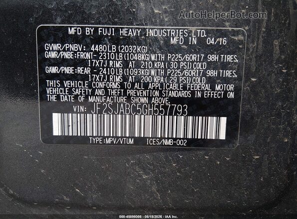 JF2SJABC5GH557793 2016 SUBARU FORESTER Gray Vista del compartimento del motor