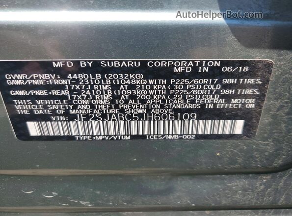 JF2SJABC5JH606109 2018 SUBARU FORESTER Green VIN კოდის სტიკერის ხედი