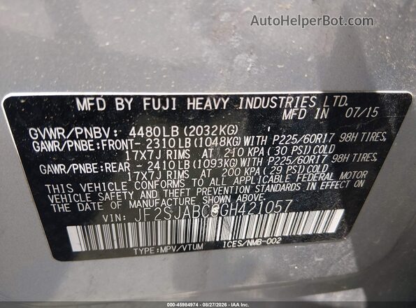 JF2SJABC6GH421057 2016 SUBARU FORESTER Silver Вид підкапотного простору