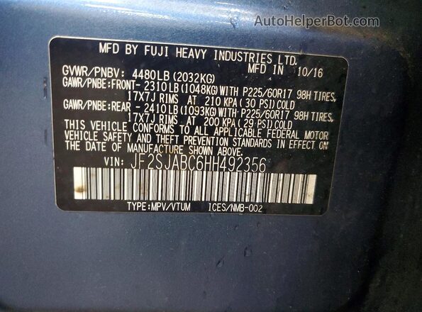JF2SJABC6HH492356 2017 SUBARU FORESTER Blue VIN կոդի պիտակի տեսք