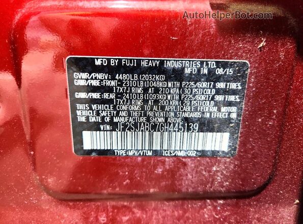 JF2SJABC7GH445139 2016 SUBARU FORESTER Бордовый Вид подкапотного пространства