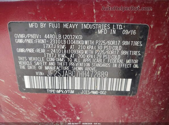 JF2SJABC7HH472889 2017 SUBARU FORESTER Red ძრავის განყოფილების ხედი