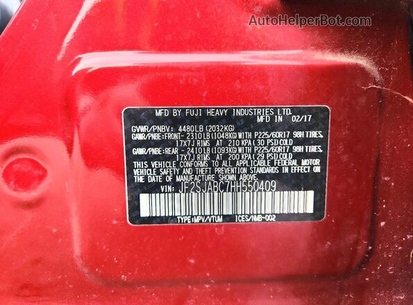 JF2SJABC7HH550409 2017 SUBARU FORESTER Burgundy VIN կոդի պիտակի տեսք