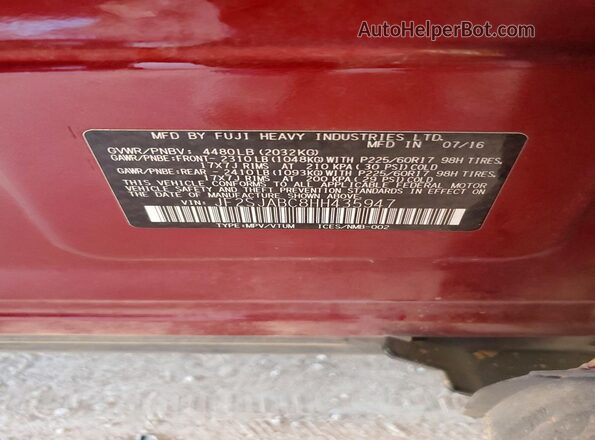 JF2SJABC8HH435947 2017 SUBARU FORESTER Burgundy Вид наклейки з VIN-кодом