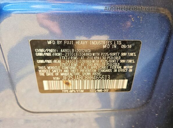JF2SJABC8HH465613 2017 SUBARU FORESTER Blue Widok naklejki z numerem VIN