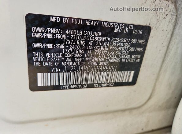 JF2SJABC9HH485661 2017 SUBARU FORESTER White VIN կոդի պիտակի տեսք
