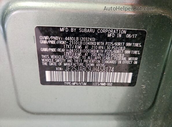 JF2SJABC9JH458174 2018 SUBARU FORESTER Green Панорамний вид салону 360°