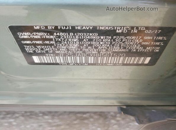 JF2SJABCXHH561520 2017 SUBARU FORESTER Green VIN sticker view