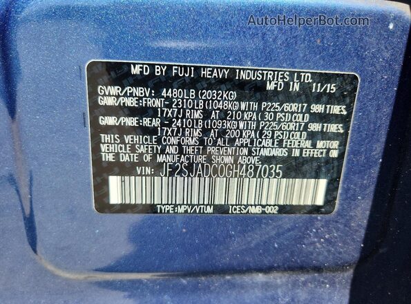 JF2SJADC0GH487035 2016 SUBARU FORESTER Blue VIN կոդի պիտակի տեսք