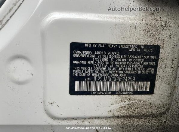 JF2SJADC0GH524259 2016 SUBARU FORESTER White Вид підкапотного простору