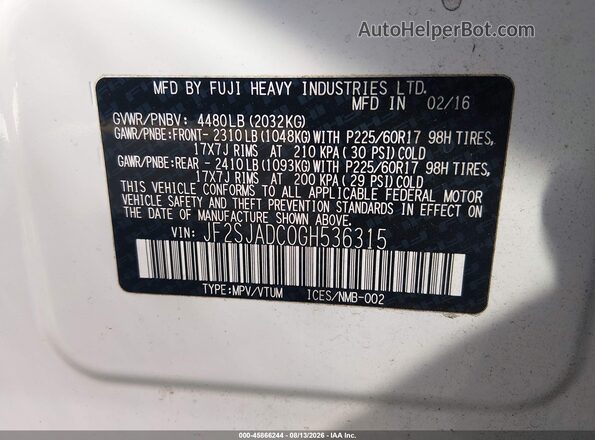 JF2SJADC0GH536315 2016 SUBARU FORESTER White Vista del compartimento del motor