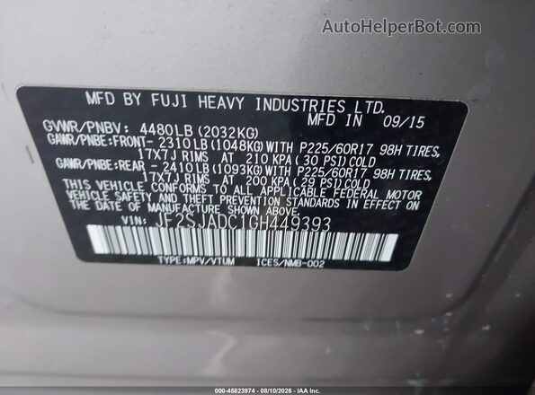JF2SJADC1GH449393 2016 SUBARU FORESTER Beige Вид підкапотного простору