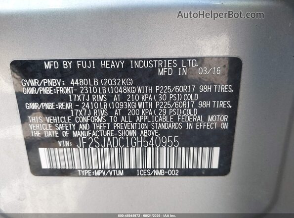 JF2SJADC1GH540955 2016 SUBARU FORESTER Silver Շարժիչի բաժամունքի տեսք