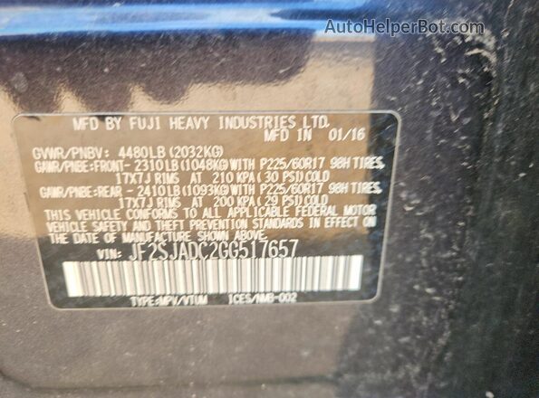 JF2SJADC2GG517657 2016 SUBARU FORESTER Charcoal Вид наклейки з VIN-кодом