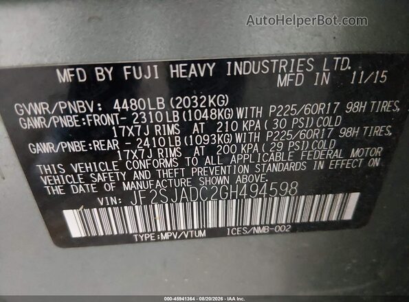 JF2SJADC2GH494598 2016 SUBARU FORESTER Green Вид підкапотного простору
