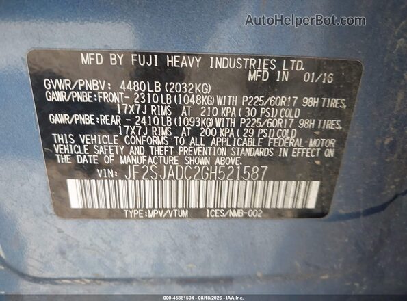 JF2SJADC2GH521587 2016 SUBARU FORESTER Blue Engine compartment view