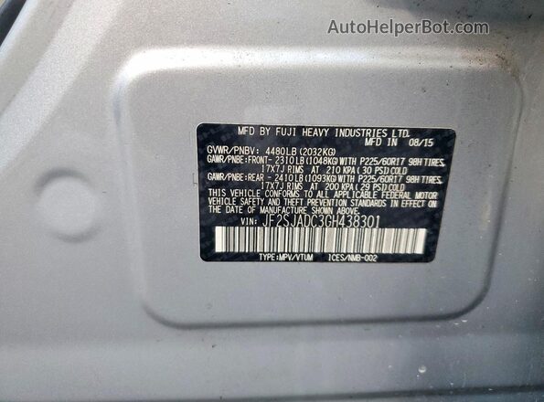 JF2SJADC3GH438301 2016 SUBARU FORESTER Серебряный Вид наклейки с VIN-кодом