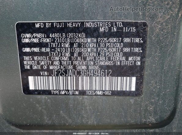 JF2SJADC3GH494612 2016 SUBARU FORESTER Green Vista del compartimento del motor