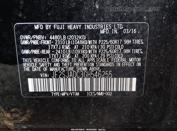 JF2SJADC3GH546255 2016 SUBARU FORESTER Черный Вид подкапотного пространства