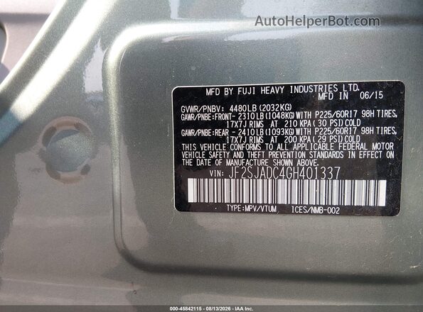 JF2SJADC4GH401337 2016 SUBARU FORESTER Green Շարժիչի բաժամունքի տեսք