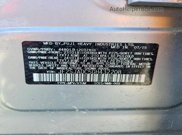 JF2SJADC5GH432208 2016 SUBARU FORESTER Серебряный Вид наклейки с VIN-кодом