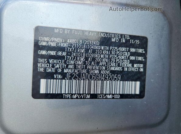 JF2SJADC6GH492059 2016 SUBARU FORESTER Gray Widok naklejki z numerem VIN