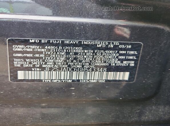 JF2SJADC6GH543348 2016 SUBARU FORESTER Charcoal VIN კოდის სტიკერის ხედი