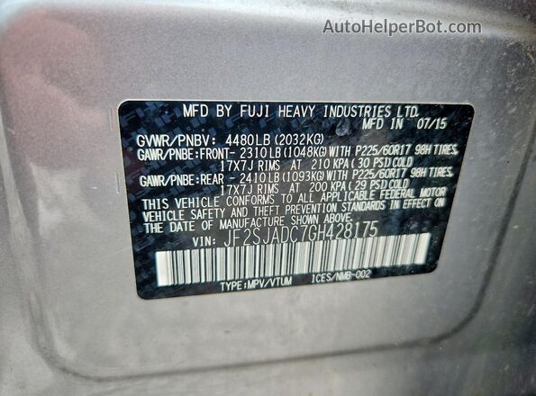 JF2SJADC7GH428175 2016 SUBARU FORESTER Silver VIN sticker view
