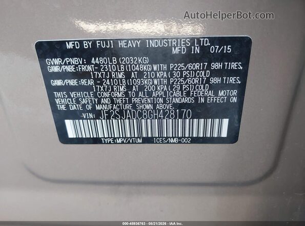 JF2SJADC8GH428170 2016 SUBARU FORESTER Gold Вид підкапотного простору