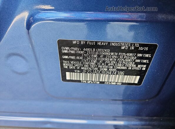 JF2SJADC8GH474386 2016 SUBARU FORESTER Blue VIN კოდის სტიკერის ხედი