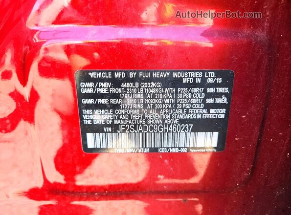 JF2SJADC9GH460237 2016 SUBARU FORESTER Burgundy Widok naklejki z numerem VIN