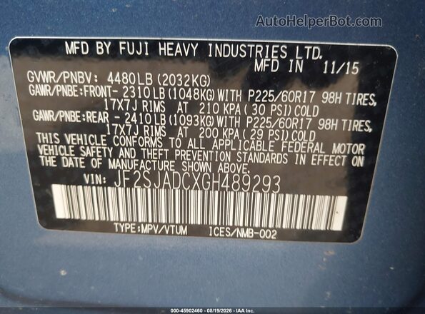 JF2SJADCXGH489293 2016 SUBARU FORESTER Blue Вид підкапотного простору