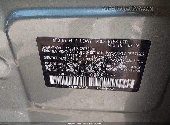 JF2SJADCXGH552277 2016 SUBARU FORESTER Green Engine compartment view
