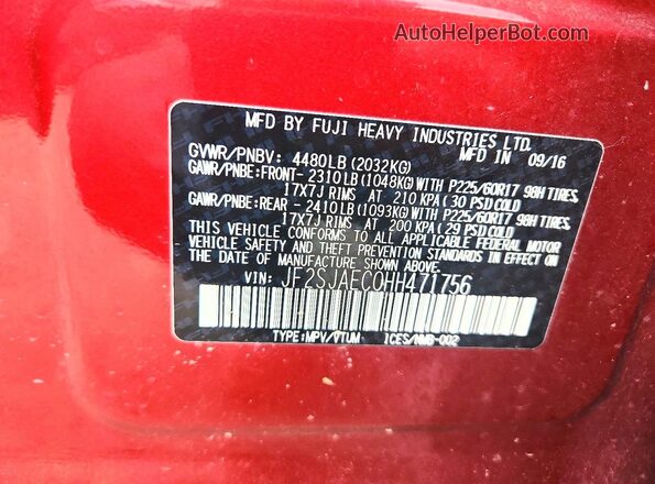 JF2SJAEC0HH471756 2017 SUBARU FORESTER Красный Вид наклейки с VIN-кодом
