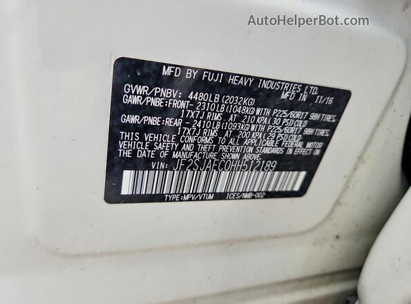 JF2SJAEC0HH512189 2017 SUBARU FORESTER White Vista de la etiqueta del VIN