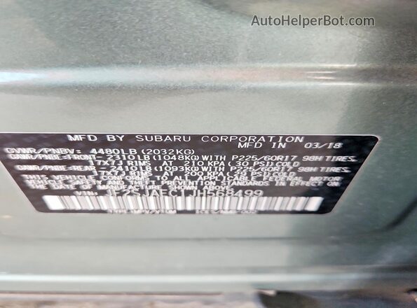 JF2SJAEC1JH568499 2018 SUBARU FORESTER Green Widok naklejki z numerem VIN